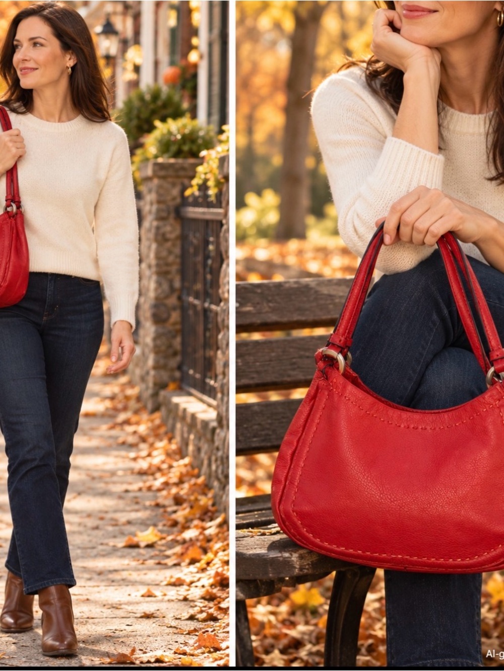 Adrienne Vittadini Red Pebbled Hobo Shoulder Bag with Stitch Detail